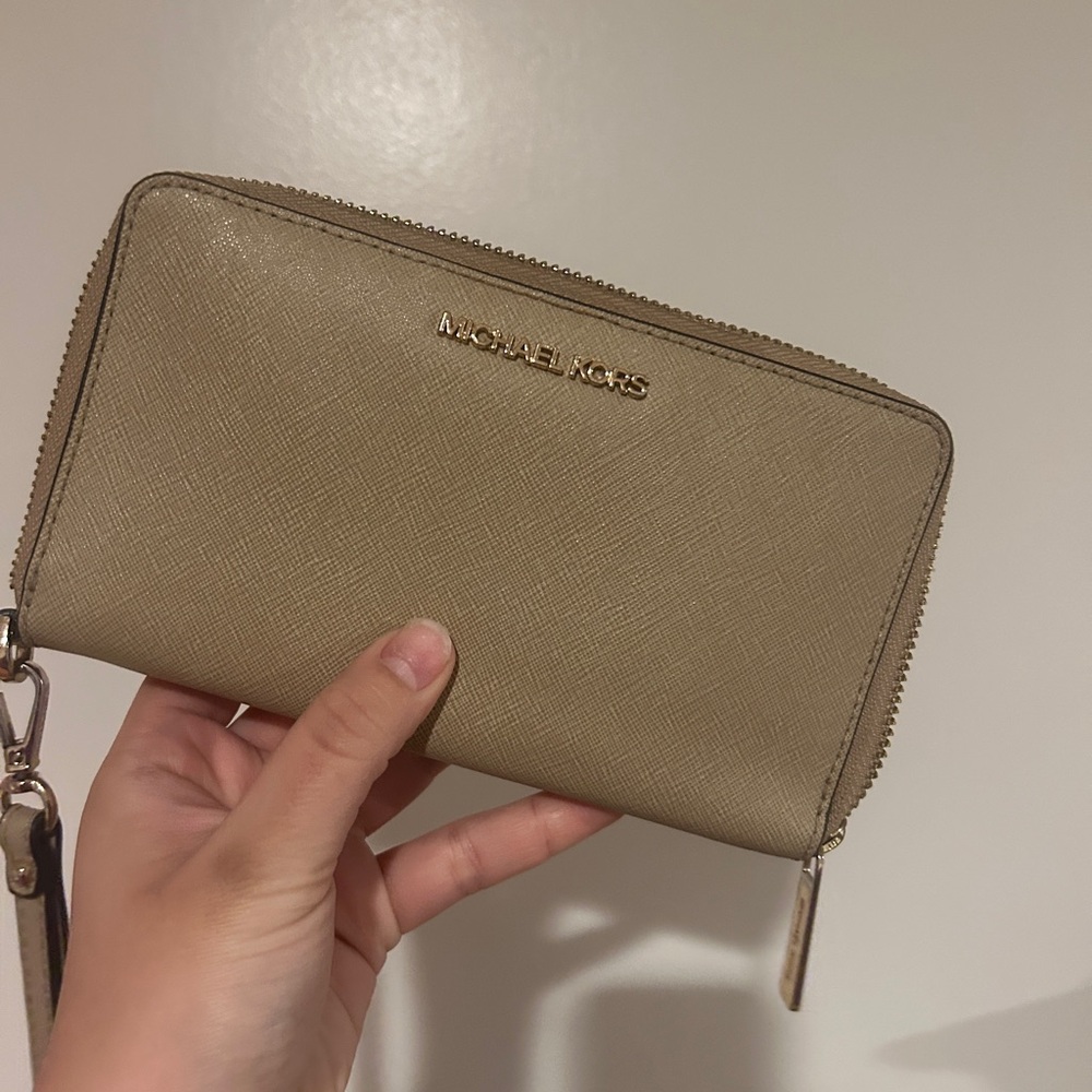 Michael Kors Beige/Tan with Gold Accents Zip-Around Wallet